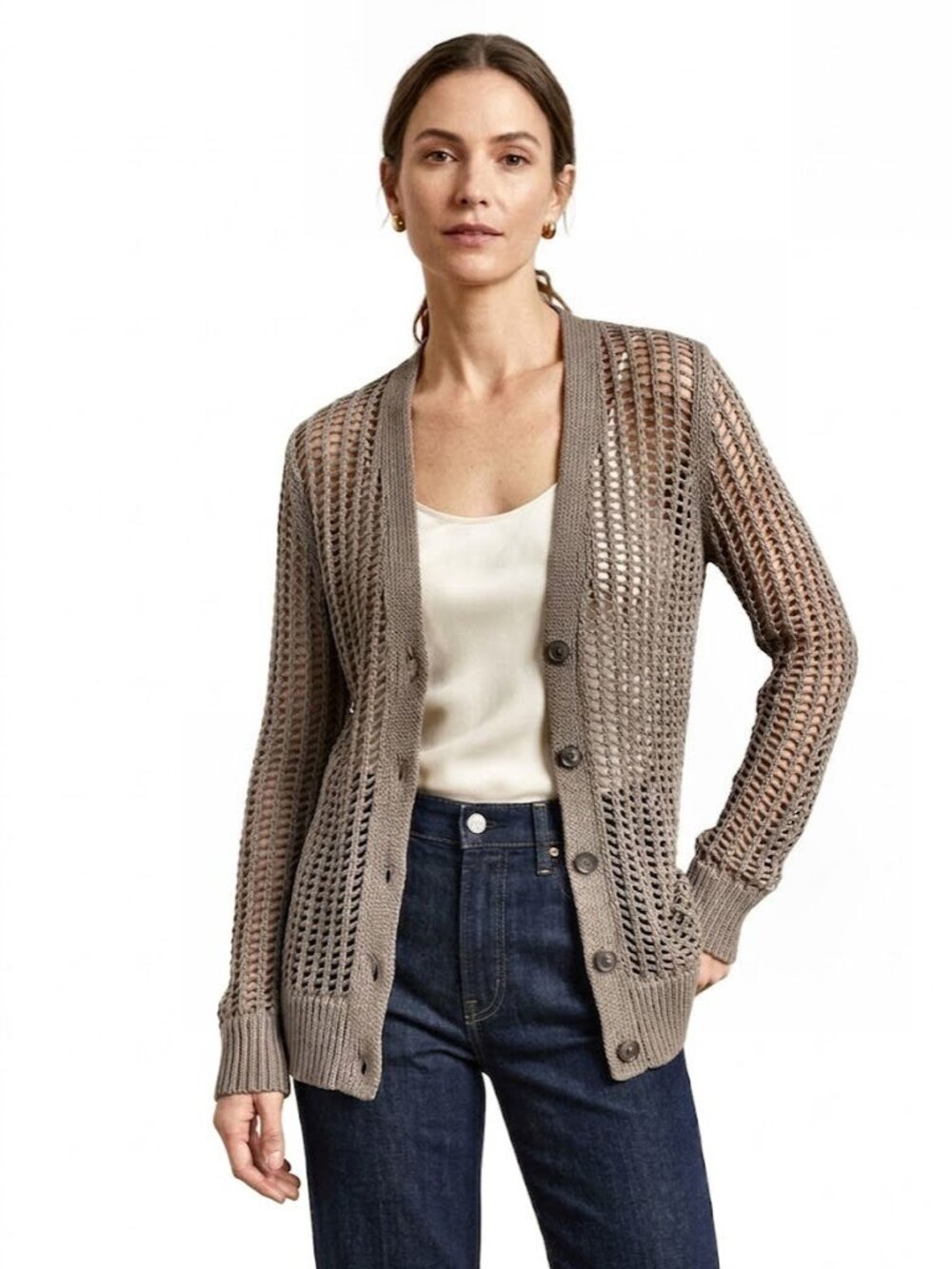 ATM Anthony Thomas Melillo Mama Open-Knit Cotton Cardigan, Taupe, Womens Size XS
